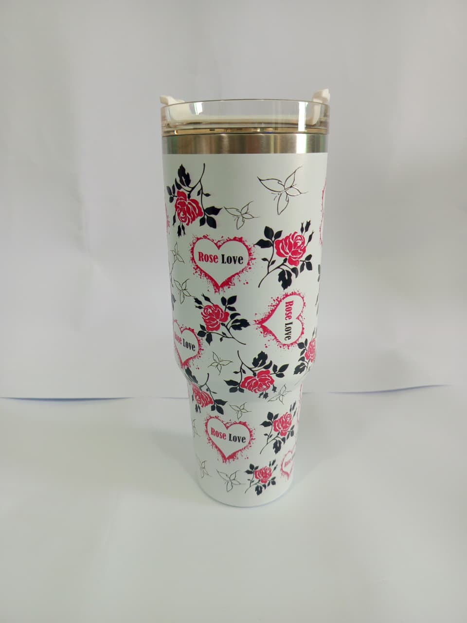 Rose Love Floral Stainless Steel Insulated Tumbler with Handle & Straw Lid | 40oz Travel Mug