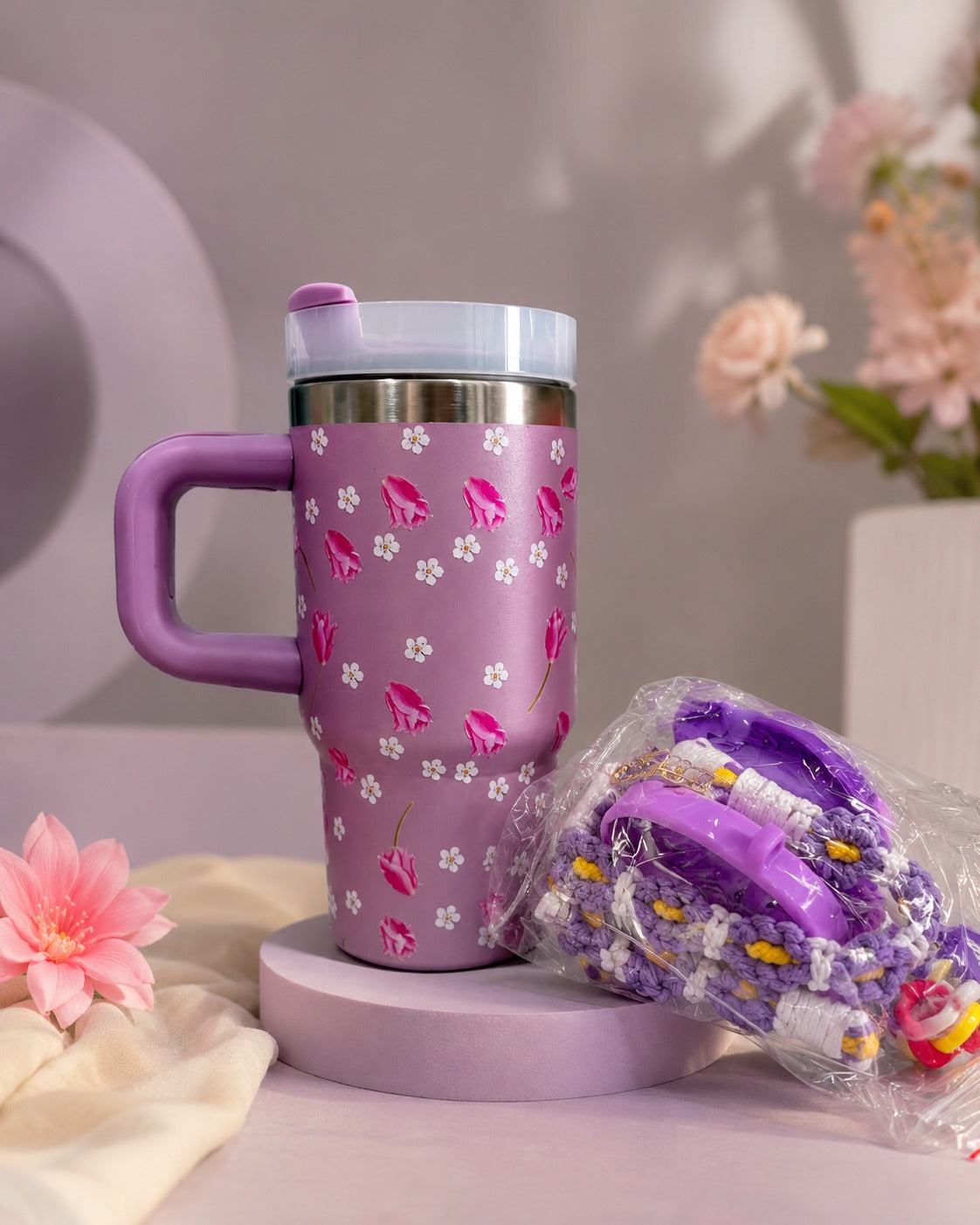 Nib & Harf Floral Insulated Stainless Steel Tumbler with Handle, Straw & Leak-Resistant Lid