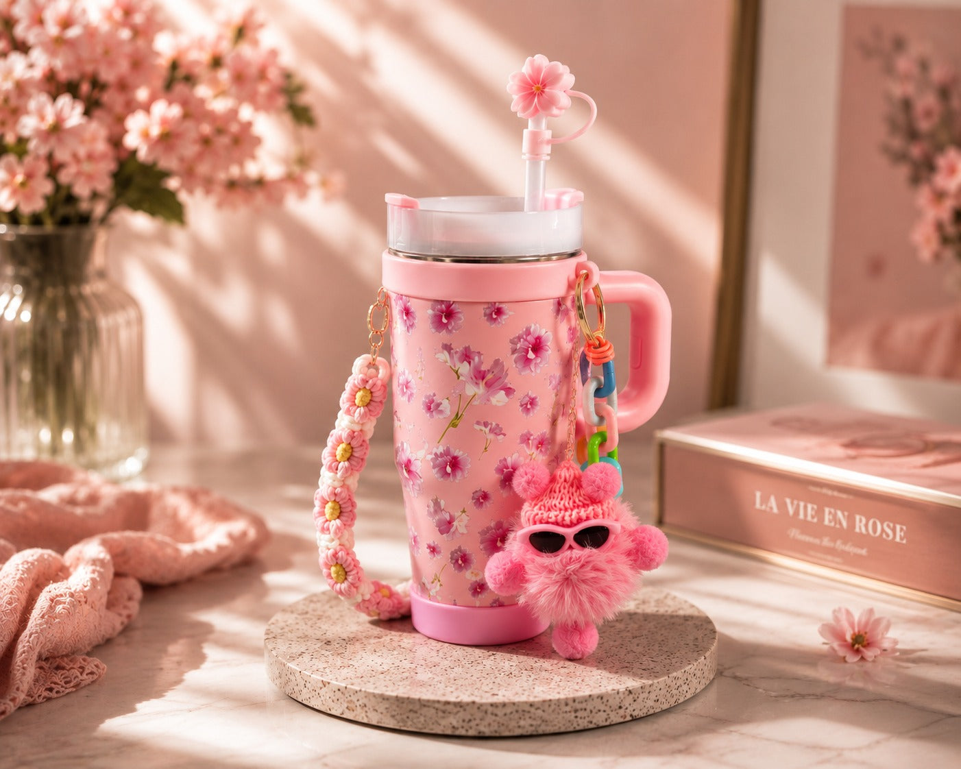 Nib & Harf Floral Insulated Stainless Steel Tumbler with Handle, Straw & Leak-Resistant Lid