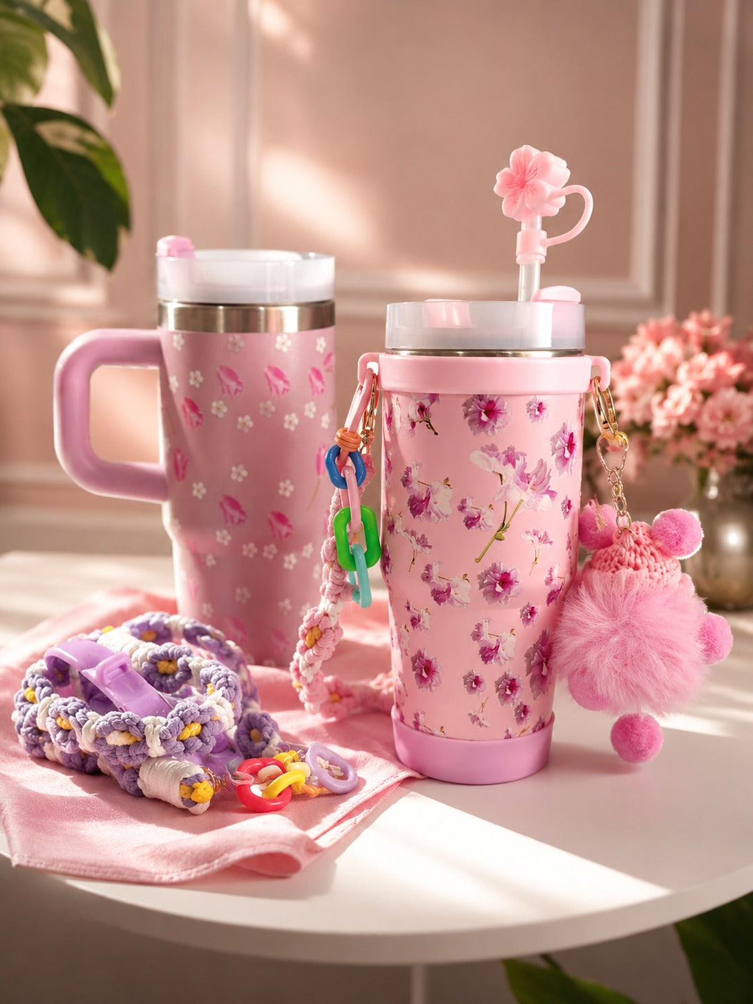 Nib & Harf Floral Insulated Stainless Steel Tumbler with Handle, Straw & Leak-Resistant Lid