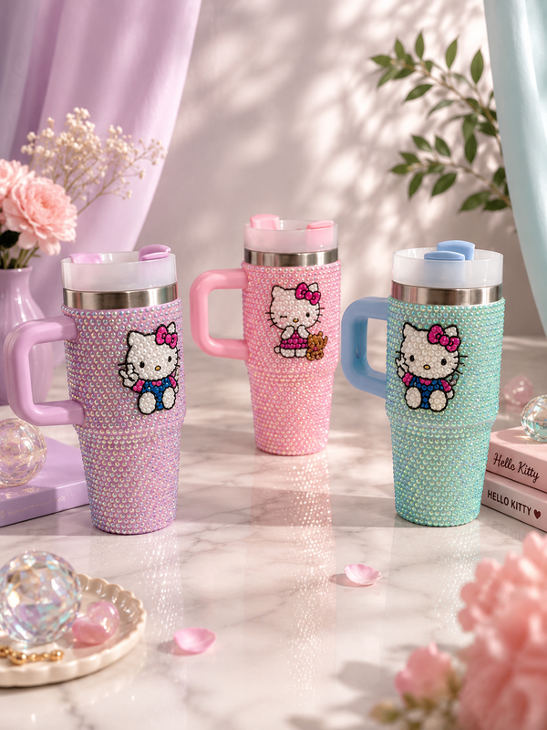 Sparkle Kitty Rhinestone Tumbler – 500ml Pastel Stainless Steel Travel Cup with Handle & Straw Lid