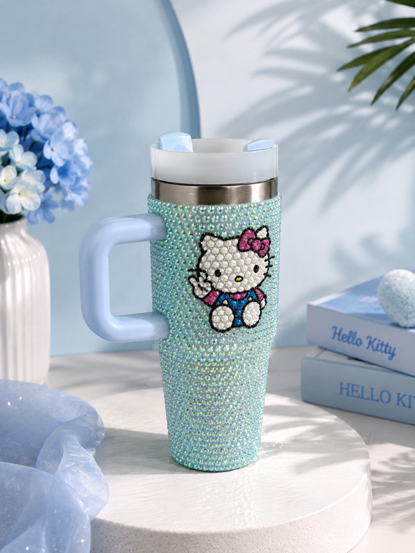 Sparkle Kitty Rhinestone Tumbler – 500ml Pastel Stainless Steel Travel Cup with Handle & Straw Lid