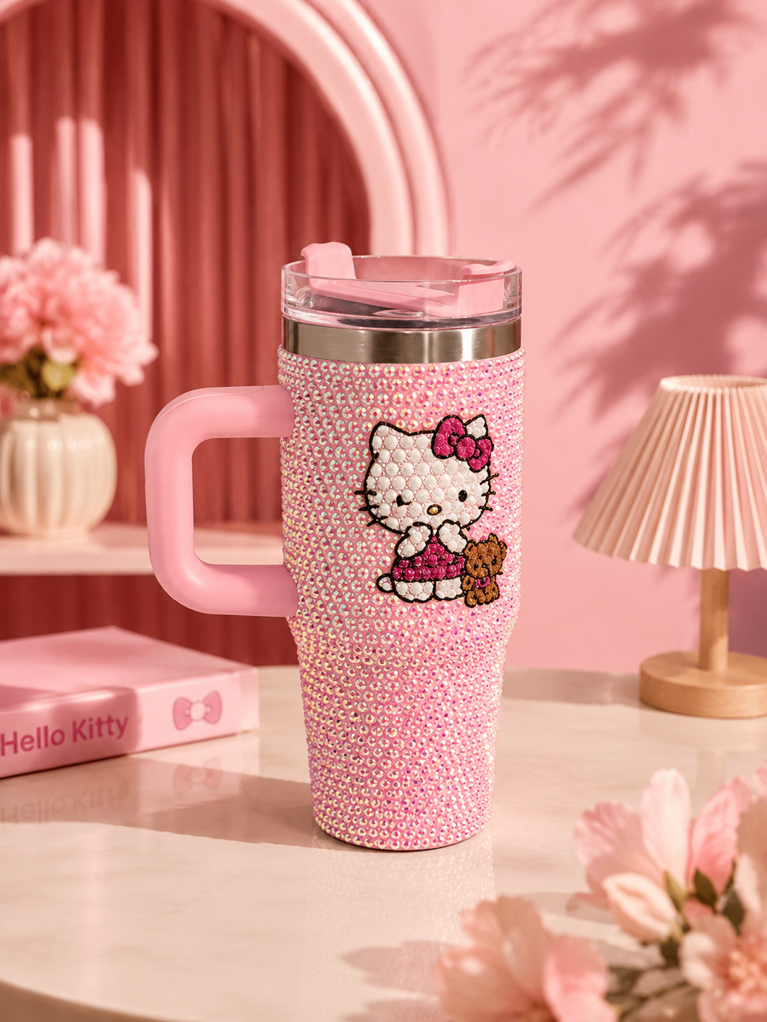 Sparkle Kitty Rhinestone Tumbler – 500ml Pastel Stainless Steel Travel Cup with Handle & Straw Lid