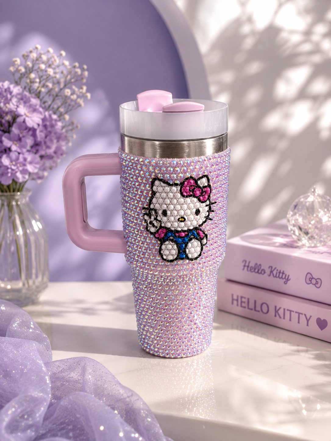 Sparkle Kitty Rhinestone Tumbler – 500ml Pastel Stainless Steel Travel Cup with Handle & Straw Lid