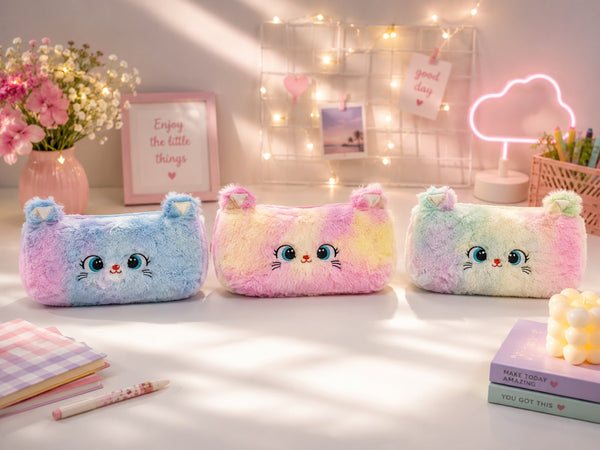 Fluffy Rainbow Cat Plush Pencil Pouch