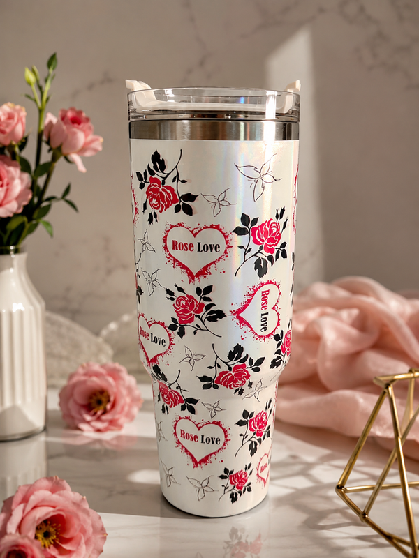 Rose Love Floral Stainless Steel Insulated Tumbler with Handle & Straw Lid | 40oz Travel Mug
