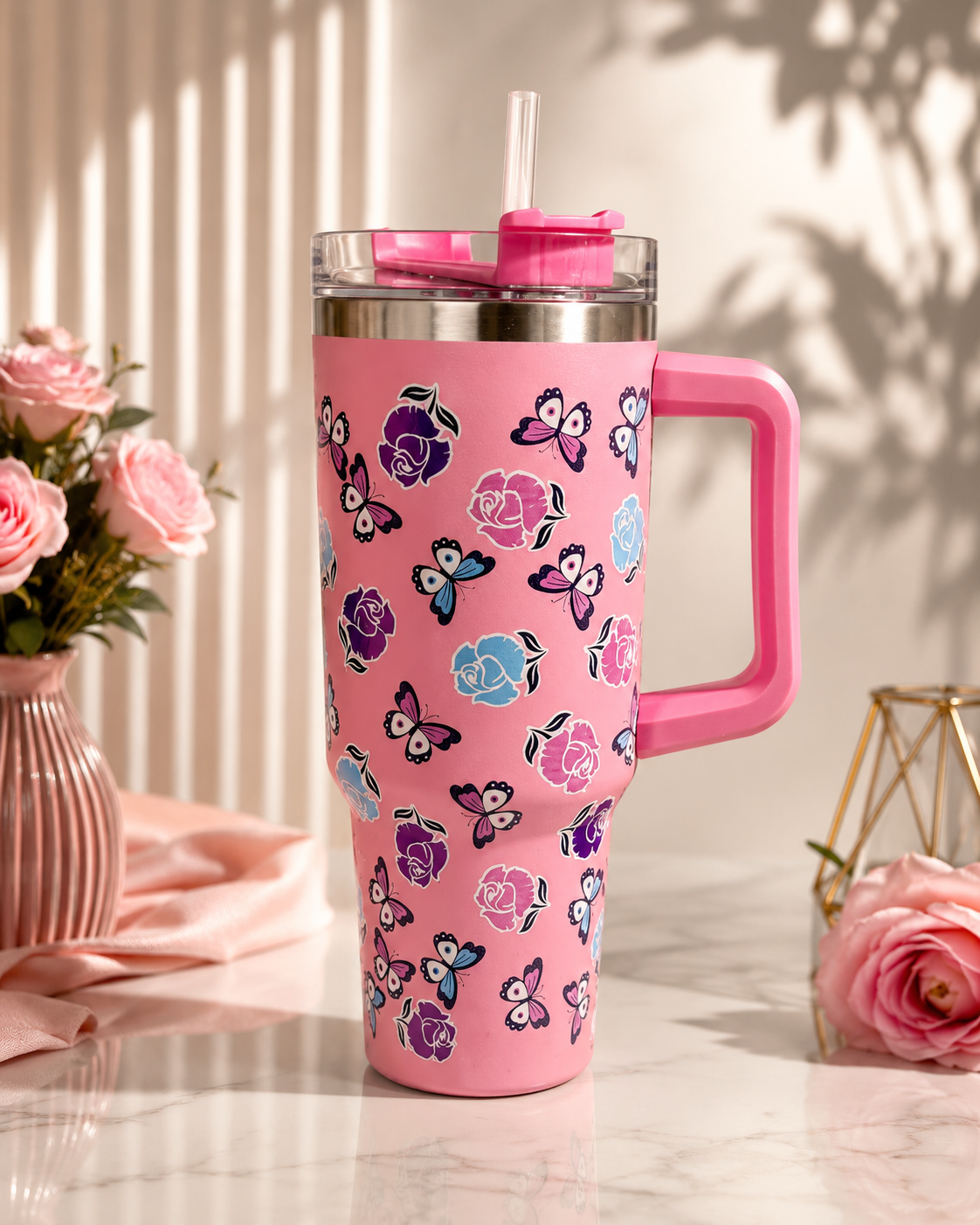 Rose Love Floral Stainless Steel Insulated Tumbler with Handle & Straw Lid | 40oz Travel Mug