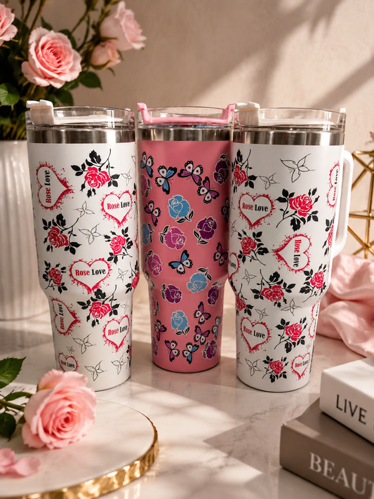 Rose Love Floral Stainless Steel Insulated Tumbler with Handle & Straw Lid | 40oz Travel Mug