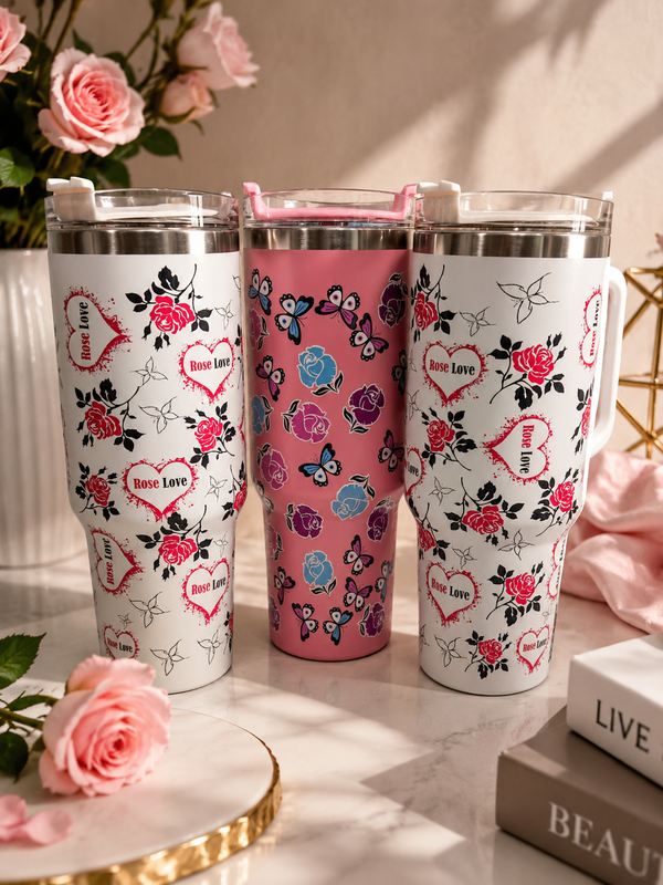 Rose Love Floral Stainless Steel Insulated Tumbler with Handle & Straw Lid | 40oz Travel Mug