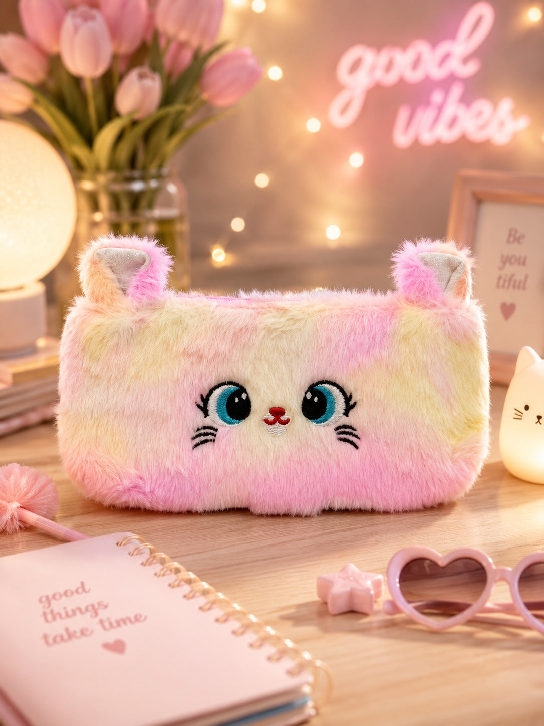 Fluffy Rainbow Cat Plush Pencil Pouch